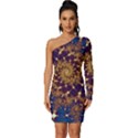 Fractal Spiral Art Pattern Blue Design Long Sleeve One Shoulder Mini Dress View1