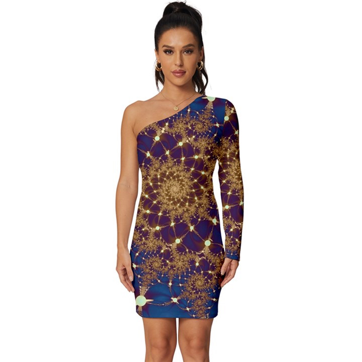 Fractal Spiral Art Pattern Blue Design Long Sleeve One Shoulder Mini Dress