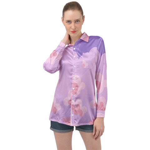 Sky Nature Sunset Clouds Space Fantasy Sunrise Long Sleeve Satin Shirt by Simbadda