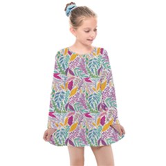 Leaves Colorful Leaves Seamless Design Leaf Kids  Long Sleeve Dress by Simbadda