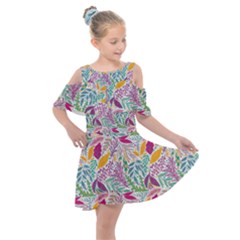 Leaves Colorful Leaves Seamless Design Leaf Kids  Shoulder Cutout Chiffon Dress by Simbadda