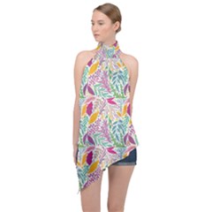 Leaves Colorful Leaves Seamless Design Leaf Halter Asymmetric Satin Top by Simbadda