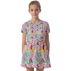 Leaves Colorful Leaves Seamless Design Leaf Kids  Short Sleeve Pinafore Style Dress by Simbadda