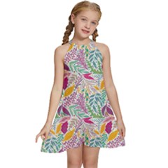 Leaves Colorful Leaves Seamless Design Leaf Kids  Halter Collar Waist Tie Chiffon Dress by Simbadda