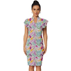 Leaves Colorful Leaves Seamless Design Leaf Vintage Frill Sleeve V-neck Bodycon Dress by Simbadda