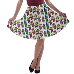 Stickman Kids Doodle Paper Children Group A-line Skater Skirt by Simbadda