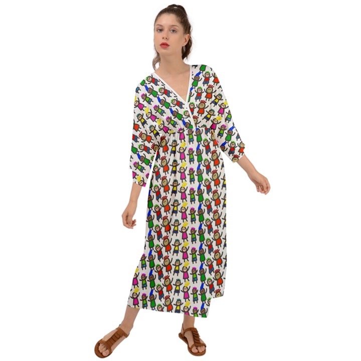 Stickman Kids Doodle Paper Children Group Grecian Style  Maxi Dress