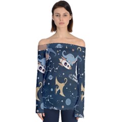 Space Theme Art Pattern Design Wallpaper Off Shoulder Long Sleeve Top by Simbadda