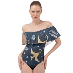 Space Theme Art Pattern Design Wallpaper Off Shoulder Velour Bodysuit  by Simbadda