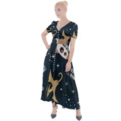 Space Theme Art Pattern Design Wallpaper Button Up Short Sleeve Maxi Dress