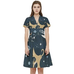 Space Theme Art Pattern Design Wallpaper Short Sleeve Waist Detail Dress by Simbadda