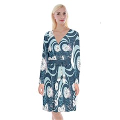 Flowers Pattern Floral Ocean Abstract Digital Art Long Sleeve Velvet Front Wrap Dress by Simbadda