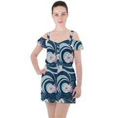 Flowers Pattern Floral Ocean Abstract Digital Art Ruffle Cut Out Chiffon Playsuit by Simbadda