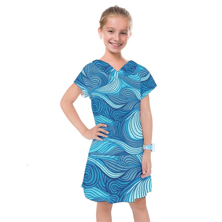 Ocean Waves Sea Abstract Pattern Water Blue Kids  Drop Waist Dress