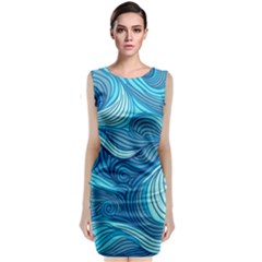 Ocean Waves Sea Abstract Pattern Water Blue Sleeveless Velvet Midi Dress by Simbadda