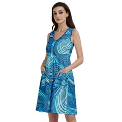 Ocean Waves Sea Abstract Pattern Water Blue Sleeveless Dress With Pocket by Simbadda