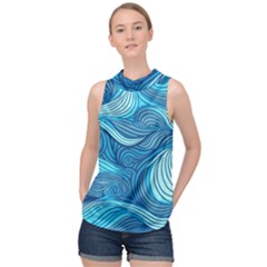 Ocean Waves Sea Abstract Pattern Water Blue High Neck Satin Top by Simbadda