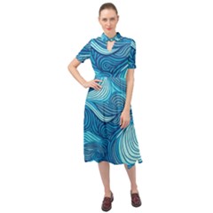 Ocean Waves Sea Abstract Pattern Water Blue Keyhole Neckline Chiffon Dress by Simbadda