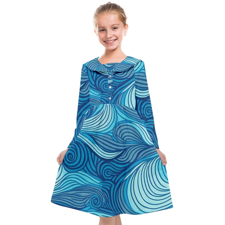 Ocean Waves Sea Abstract Pattern Water Blue Kids  Midi Sailor Dress