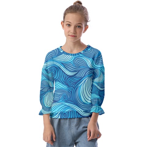 Ocean Waves Sea Abstract Pattern Water Blue Kids  Cuff Sleeve Top by Simbadda