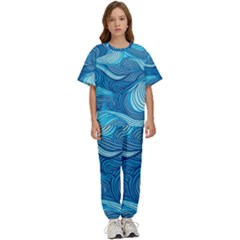 Ocean Waves Sea Abstract Pattern Water Blue Kids  Tee And Pants Sports Set by Simbadda