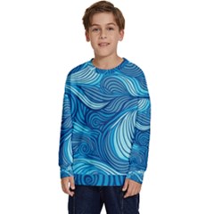 Ocean Waves Sea Abstract Pattern Water Blue Kids  Crewneck Sweatshirt by Simbadda