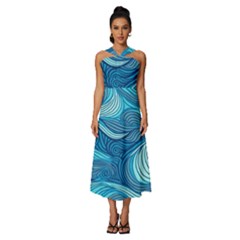 Ocean Waves Sea Abstract Pattern Water Blue Sleeveless Cross Front Cocktail Midi Chiffon Dress by Simbadda