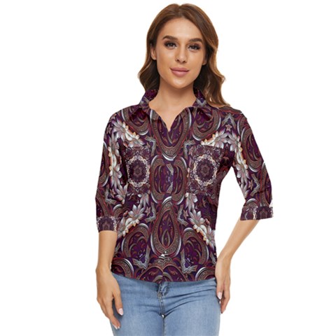 Rosette Kaleidoscope Mosaic Abstract Background Women s Quarter Sleeve Pocket Shirt by Simbadda