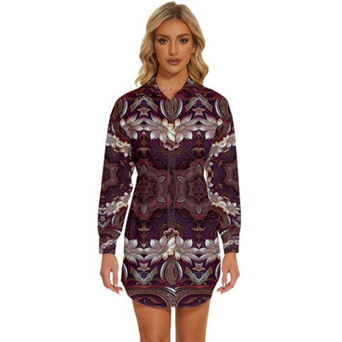 Rosette Kaleidoscope Mosaic Abstract Background Womens Long Sleeve Shirt Dress by Simbadda