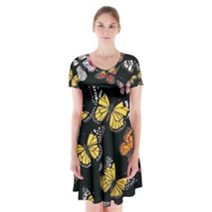 Flowers Butterfly Blooms Flowering Spring Short Sleeve V-neck Flare Dress by Simbadda