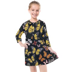 Flowers Butterfly Blooms Flowering Spring Kids  Quarter Sleeve Shirt Dress by Simbadda