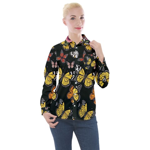 Flowers Butterfly Blooms Flowering Spring Women s Long Sleeve Pocket Shirt by Simbadda