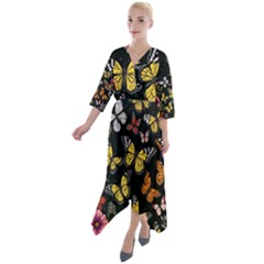 Flowers Butterfly Blooms Flowering Spring Quarter Sleeve Wrap Front Maxi Dress by Simbadda