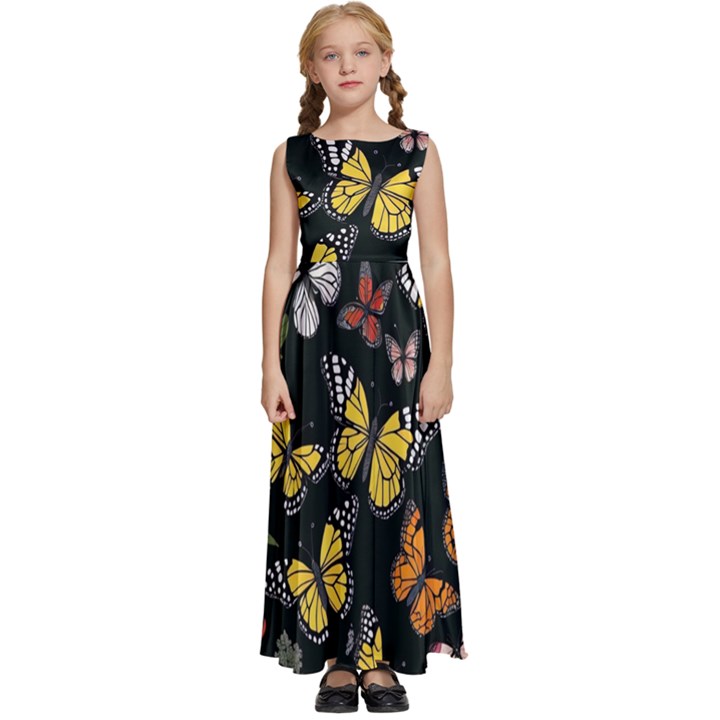 Flowers Butterfly Blooms Flowering Spring Kids  Satin Sleeveless Maxi Dress