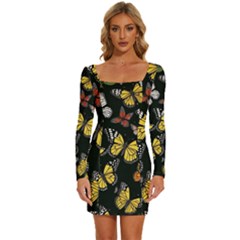 Flowers Butterfly Blooms Flowering Spring Long Sleeve Square Neck Bodycon Velvet Dress by Simbadda