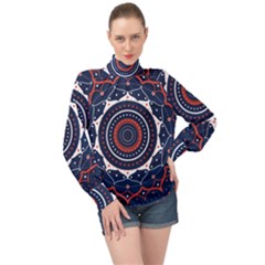 Mandala Orange Navy High Neck Long Sleeve Chiffon Top by Simbadda