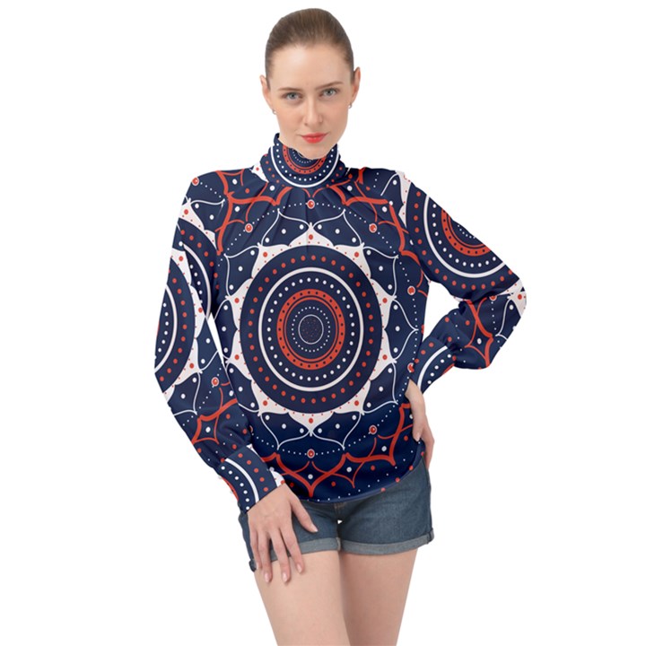 Mandala Orange Navy High Neck Long Sleeve Chiffon Top