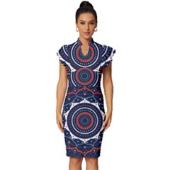 Mandala Orange Navy Vintage Frill Sleeve V-neck Bodycon Dress by Simbadda