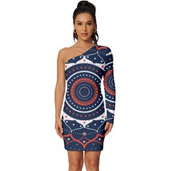 Mandala Orange Navy Long Sleeve One Shoulder Mini Dress by Simbadda