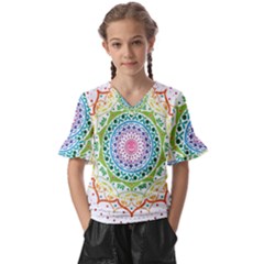 Mandala Pattern Rainbow Pride Kids  V-neck Horn Sleeve Blouse by Simbadda