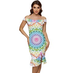 Mandala Pattern Rainbow Pride Off Shoulder Ruffle Split Hem Bodycon Dress by Simbadda