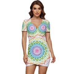 Mandala Pattern Rainbow Pride Low Cut Cap Sleeve Mini Dress by Simbadda