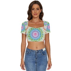 Mandala Pattern Rainbow Pride Short Sleeve Square Neckline Crop Top  by Simbadda