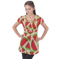 Cute Watermelon Seamless Pattern Puff Sleeve Tunic Top by Simbadda