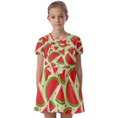 Cute Watermelon Seamless Pattern Kids  Short Sleeve Pinafore Style Dress by Simbadda