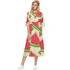 Cute Watermelon Seamless Pattern Bow Sleeve Chiffon Midi Dress by Simbadda