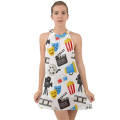 Cinema Icons Pattern Seamless Signs Symbols Collection Icon Halter Tie Back Chiffon Dress by Simbadda