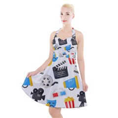 Cinema Icons Pattern Seamless Signs Symbols Collection Icon Halter Party Swing Dress  by Simbadda