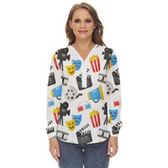 Cinema Icons Pattern Seamless Signs Symbols Collection Icon Zip Up Long Sleeve Blouse