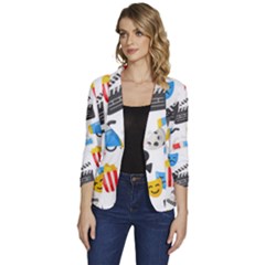 Cinema Icons Pattern Seamless Signs Symbols Collection Icon Women s One-button 3/4 Sleeve Short Jacket by Simbadda